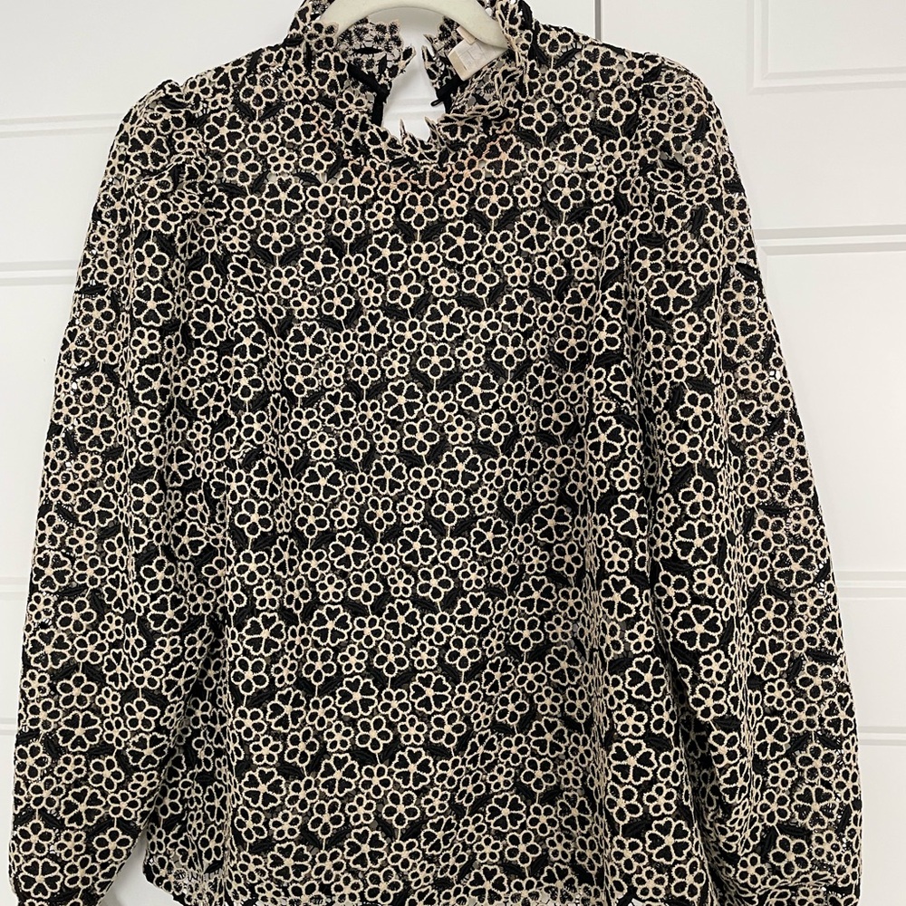 Sezane Black and Cream Floral Guipre Long-Sleeve Blouse